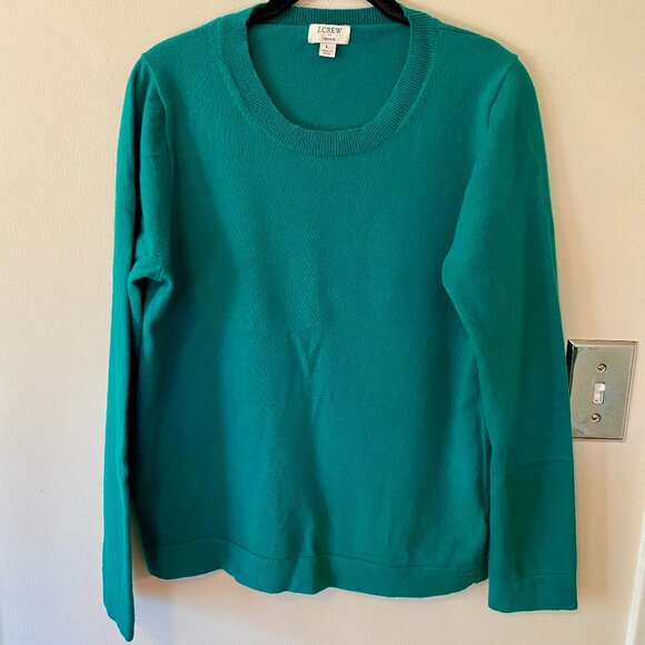 J Crew Factory Crew Neck Teddie Sweater Women’s Size Large Green Cotton Wool EUC - Picture 1 of 6